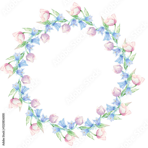 Tulip pink. Floral arrangement. Frame.Wreath. Watercolor