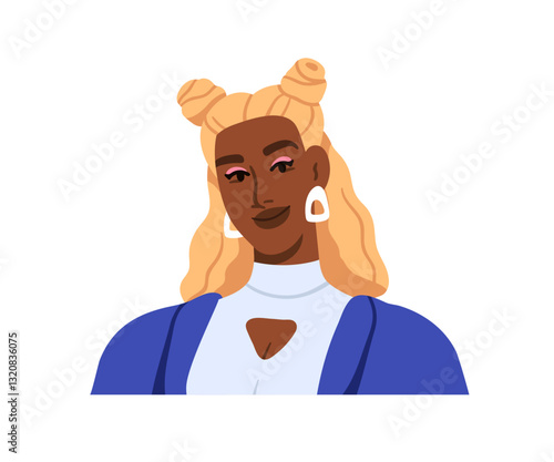 Black woman with blonde hair, portrait. African American girl with fashion hairstyle, makeup, earrings. Sassy chic modern style female character. Flat vector illustration isolated on white background