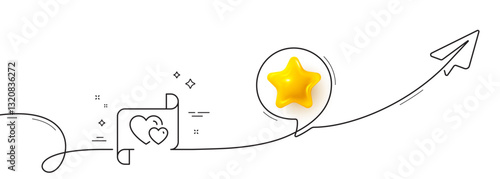 Love letter line icon. Continuous line with share plane. Heart mail sign. Valentine day symbol. 3d star in speech bubble. Love letter single line ribbon. Loop curve pattern. Vector