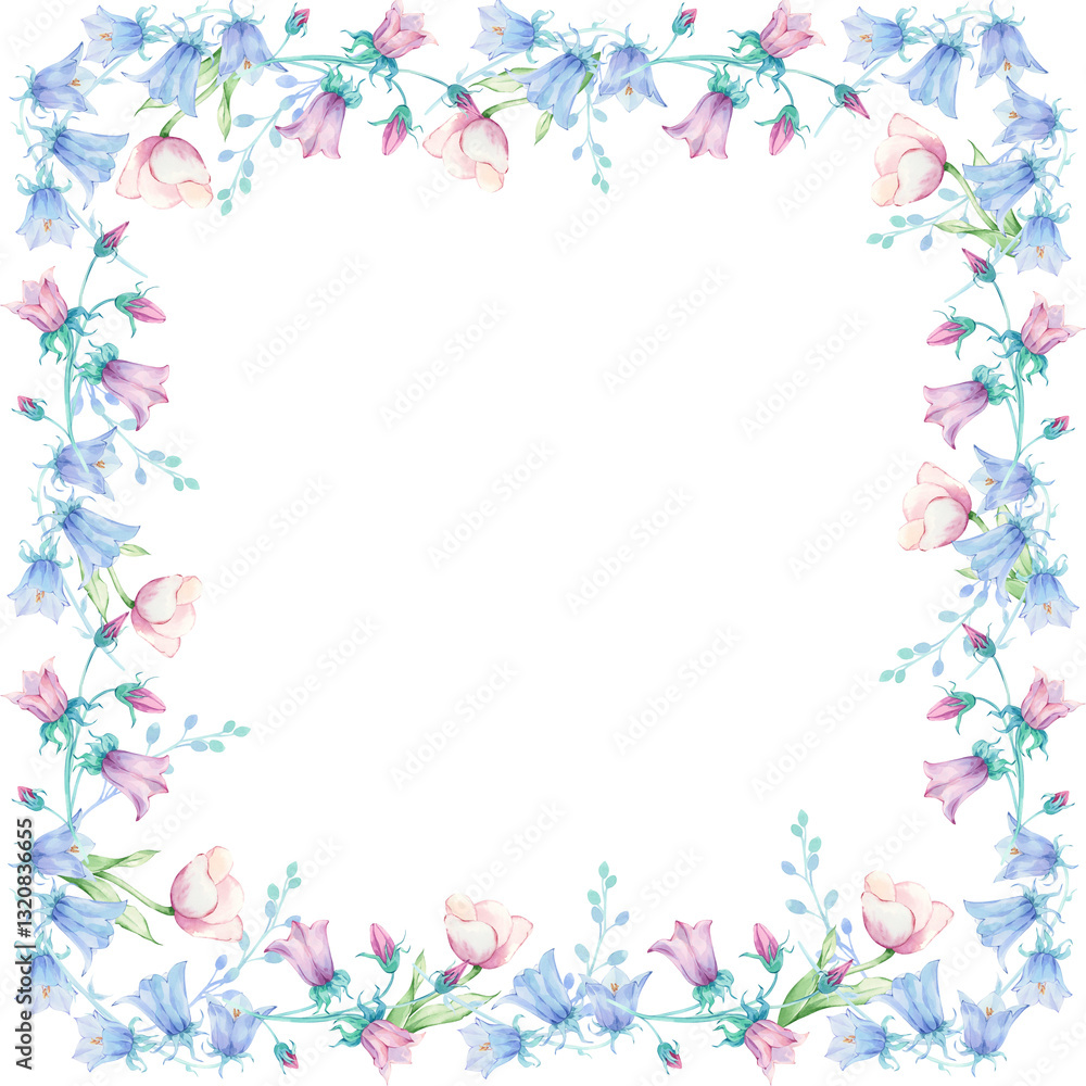 Bellflower flower. Square frame watercolor. Pink, blue Bellflower flower. Square frame watercolor. Pink, blue