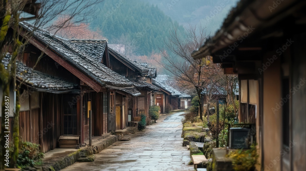 Stone pathway of old wooden buildings in rural village scene Stone pathway of old wooden buildings in rural village scene