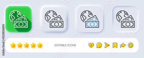 Global business line icon. Neumorphic, Flat shadow, 3d buttons. Internet payment sign. Social charity symbol. Line global business icon. Social media icons. Vector