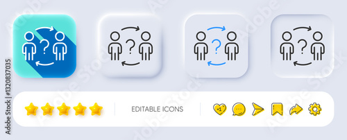 Delegate question line icon. Neumorphic, Flat shadow, 3d buttons. Teamwork help sign. Employee share symbol. Line delegate question icon. Social media icons. Vector