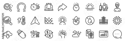 Cogwheel timer, High thermometer and Time line icons pack. Share, Message, Paper plane icons. Web traffic, Yoga, Organic product web icon. Dot plot, Reminder, Usb stick pictogram. Vector