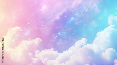 Holographic fantasy rainbow background with clouds and stars. Pastel color sky. Magical landscape, abstract fabulous pattern. Cute candy wallpaper