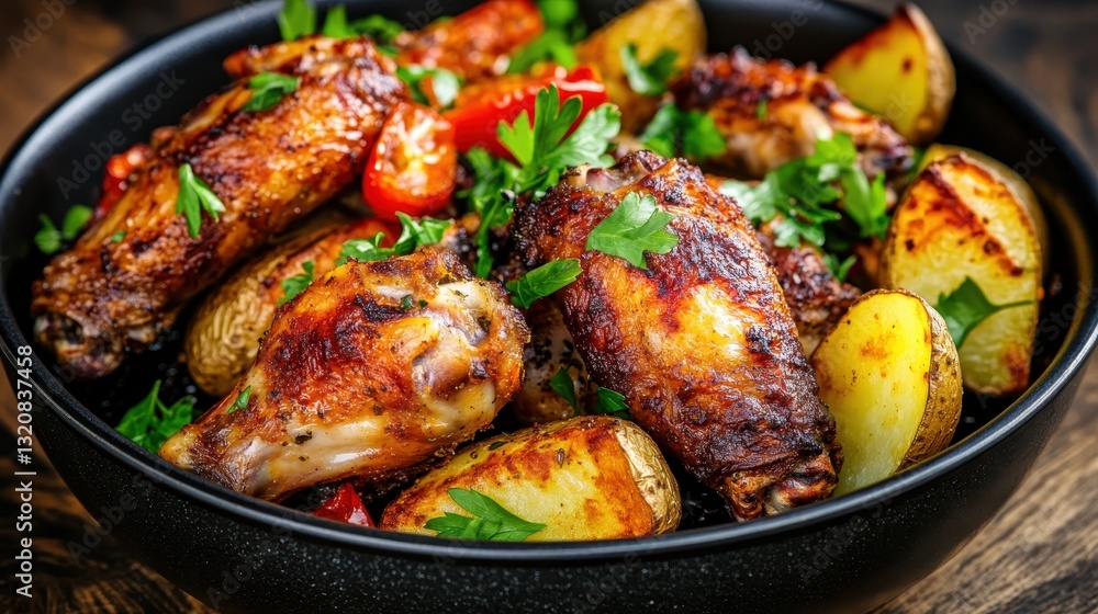 Deliciously Roasted Chicken Wings with Crispy Potatoes and Fresh Garnish in a Black Bowl Deliciously Roasted Chicken Wings with Crispy Potatoes and Fresh Garnish in a Black Bowl