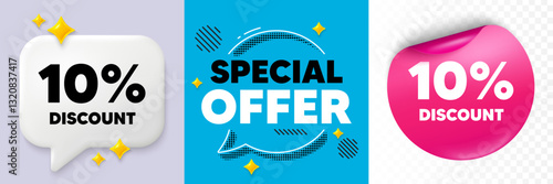 Discount speech bubble. 3d sparkles chat, Paper sticker. 10 percent discount tag. Sale offer price sign. Special offer symbol. Special offer bubble. Halftone dots pattern. Vector