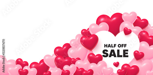 Half off sale heart shaped bubble. 3d hearts love background. Half off sale. Special offer price sign. Advertising discounts symbol. Valentines day greeting card. Cute 3d hearts. Vector