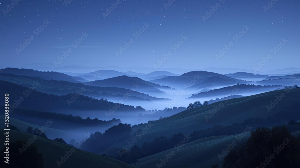 Obraz premium Dramatic nighttime abstract background concept. Serene night landscape with misty hills and a starry sky creating a tranquil atmosphere.