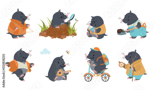 Funny mole. Cartoon cute moles, isolated wild nature characters. Rodent many poses, animal reading play music, working, ride bicycle, nowaday vector set