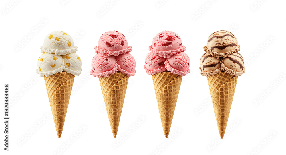 Different sorts of ice cream scoop on waffle cone isolated on white background. Different sorts of ice cream scoop on waffle cone isolated on white background.
