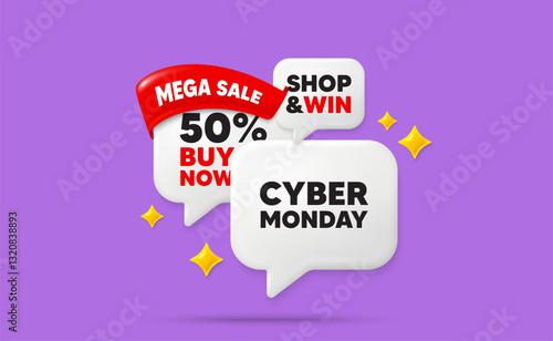 Cyber monday speech bubbles. Mega sale flag ribbon. Cyber Monday Sale tag. Special offer price sign. Advertising Discounts symbol. Discount chat bubbles with 3d sparkles. Vector