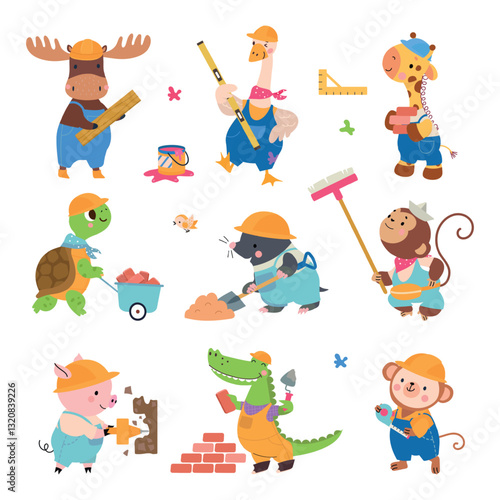 Animal builders. Funny animals repairing, constructing, building. Positive characters wear helmets and uniform, working with tools, nowaday vector set