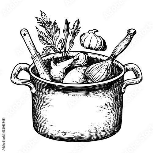 Vintage engraved illustration of a cooking pot filled with vegetables and utensils for culinary artistry