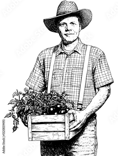 Engraved illustration of a farmer proudly holding a wooden crate of freshly harvested vegetables in a rural setting