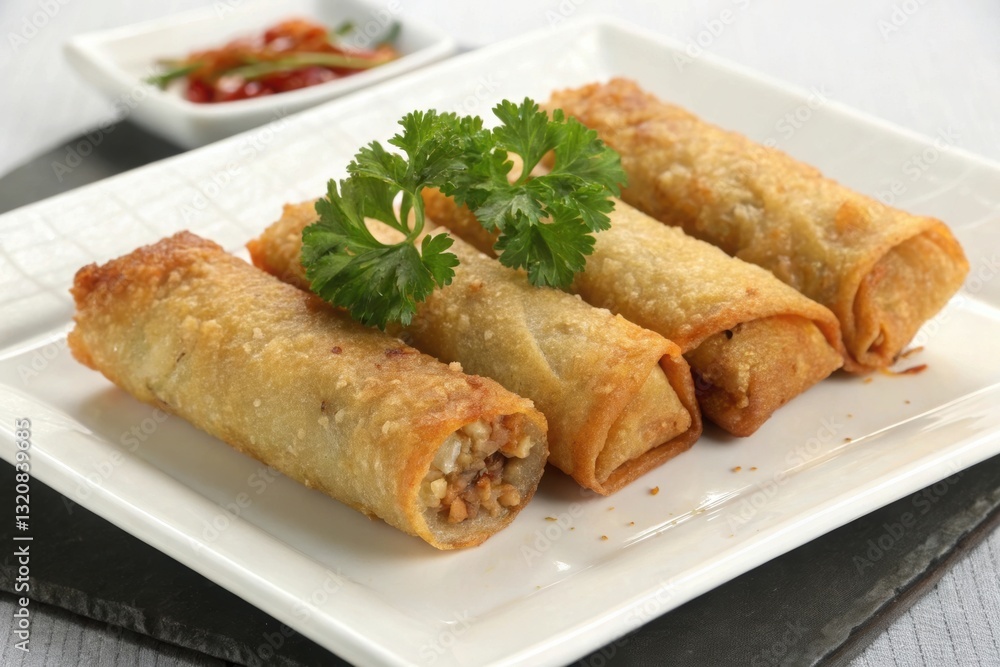 Crispy Golden Spring Rolls on a White Plate with Dipping Sauce and Garnish Crispy Golden Spring Rolls on a White Plate with Dipping Sauce and Garnish