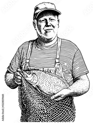 Illustration of a cheerful fisherman proudly holding a freshly caught fish in a net, perfect for tattoo design and packaging