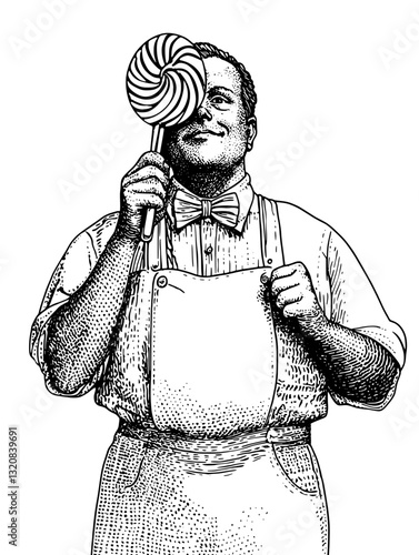 Vintage illustration of a cheerful confectioner holding a large lollipop, perfect for tattoo art and creative packaging designs