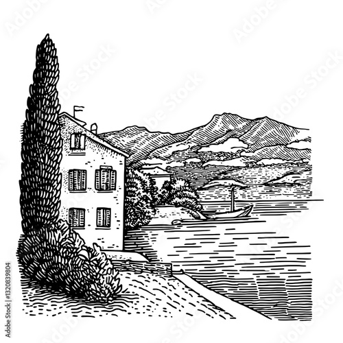 Engraved illustration showcasing a tranquil lakeside dwelling surrounded by mountains and lush trees at twilight