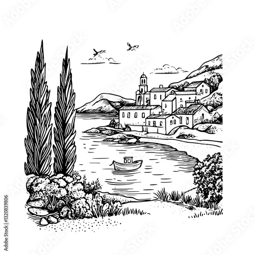 Engraved coastal village landscape with boats and mountains showcasing tranquil natural beauty