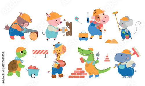 Cartoon animal builders. Cute animals working in construction and wear helmets. Repair and building tools, childish positive characters nowaday vector clipart