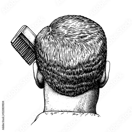 Intricate illustration of a man grooming his hair with a comb, embodying vintage tattoo art style in detailed vector engraving