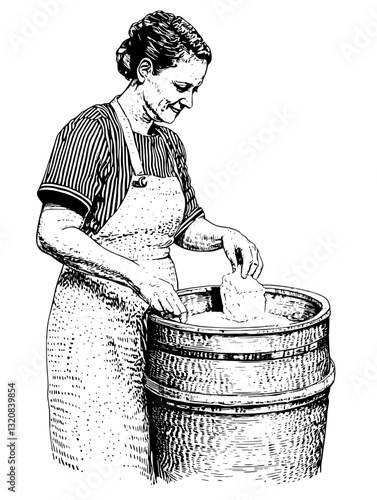 Engraved illustration depicting a woman washing clothes in a wooden tub during a nostalgic rural setting