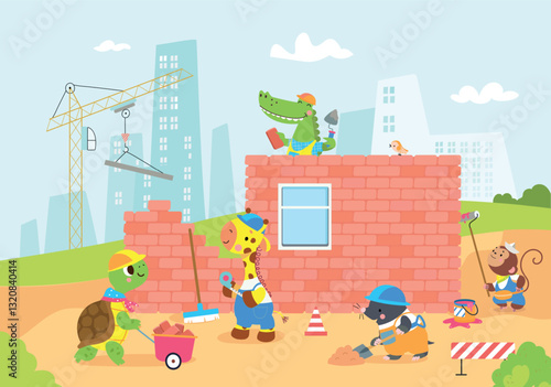 Animals builders working. Animal in helmet on construction ground. Turtle giraffe mole monkey and crocodile build together. Building nowaday vector scene