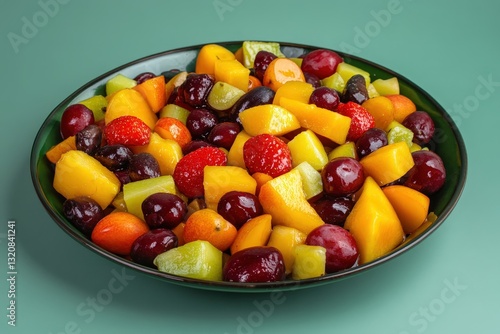 A colorful and healthy fruit salad presented in a green bowl