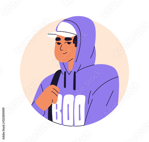 Young man, head avatar. Male in baseball cap, hood, hoodie, looking and smili...