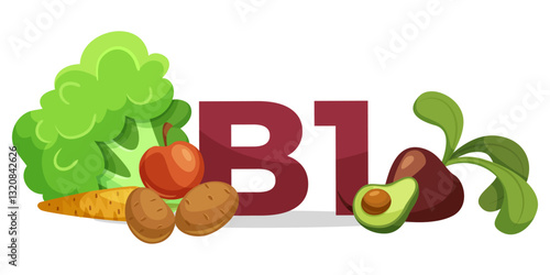 Fresh vegetables and fruits rich in vitamin B1, including broccoli, carrot, potatoes, avocado, and apple, on a white background. Vector illustration