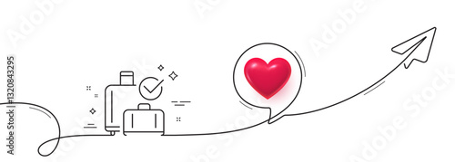 Airport baggage reclaim line icon. Continuous line with share plane. Airplane check in luggage sign. Flight checked bag symbol. 3d heart in speech bubble. Baggage reclaim single line ribbon. Vector