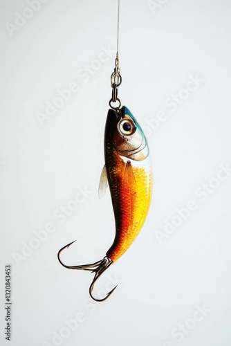 A fish caught on a hook against a white background