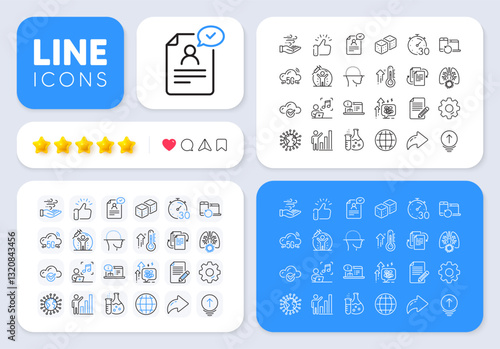 Coronavirus, 5g cloud and Face scanning line icons for web app. Message, Share, Like social media icons. Pack of High thermometer, Wind energy, Graph chart pictogram icons. Vector