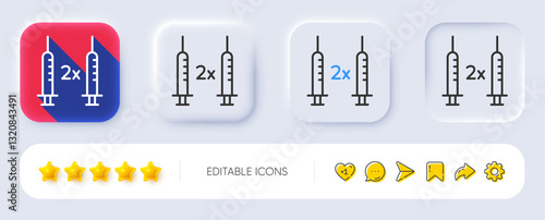 Coronavirus 2x vaccine line icon. Neumorphic, Flat shadow, 3d buttons. Corona syringe sign. Covid jab symbol. Line coronavirus vaccine icon. Social media icons. Vector