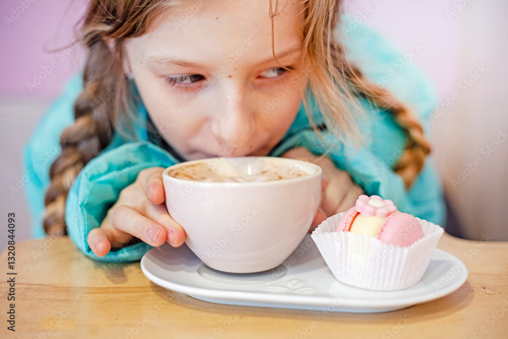 girl drinking with a cup of cocoa. snack girl drinking with a cup of cocoa. snack