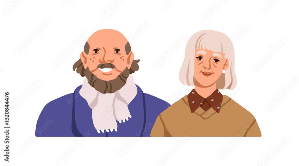 Senior couple portrait. Happy elderly man and woman with gray hair. Retired, old aged spouses. Older family, male and female smiling together. Flat vector illustration isolated on white background Senior couple portrait. Happy elderly man and woman with gray hair. Retired, old aged spouses. Older family, male and female smiling together. Flat vector illustration isolated on white background