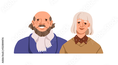 Senior couple portrait. Happy elderly man and woman with gray hair. Retired, old aged spouses. Older family, male and female smiling together. Flat vector illustration isolated on white background