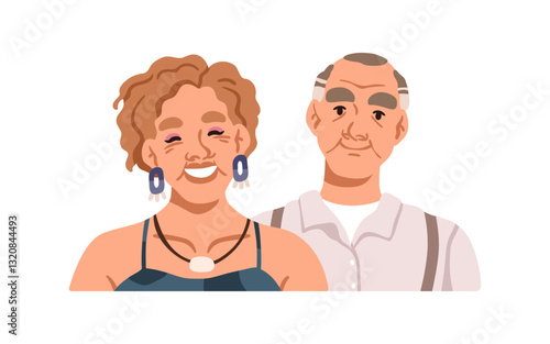 Happy senior mature couple portrait. Smiling old man and woman, elderly family. Elder husband and wife, spouses dressed for evening party. Flat vector illustration isolated on white background