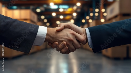 Business professionals shaking hands in a warehouse environment, signifying partnership and agreement
