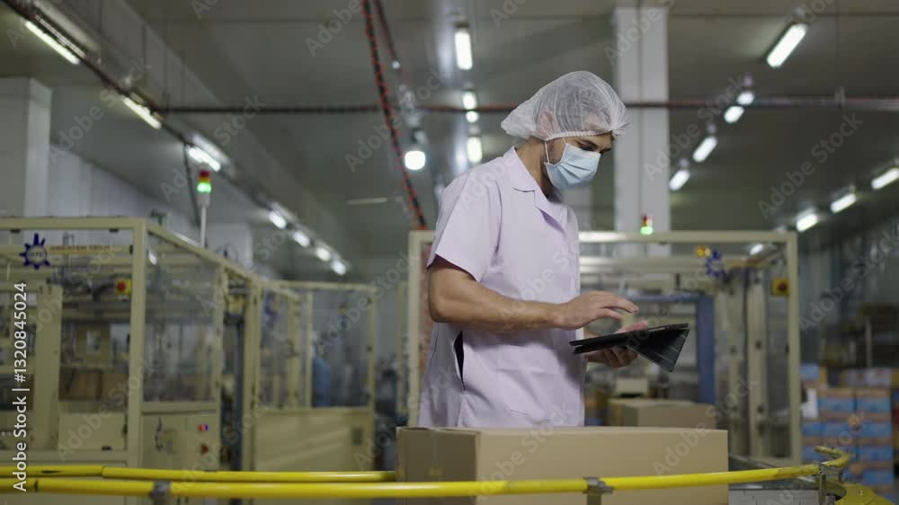 Employee working with packaging machine. Factory, technology. Employee working with packaging machine. Factory, technology.