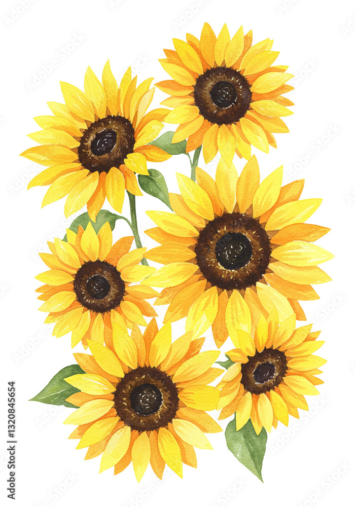 Fototapeta premium Yellow sunflowers watercolor drawing isolated on white background.