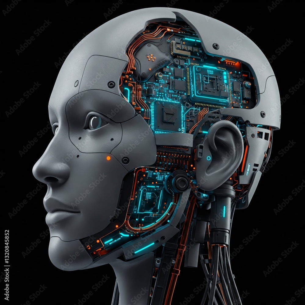 Fototapeta premium Android technology. An android has part of his head mask removed, revealing its inner technology. Digital illustration