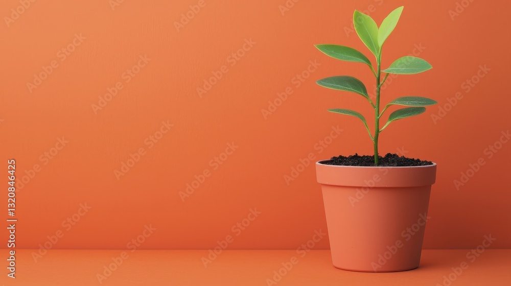 Fototapeta premium Strategic Execution for Focused Business Success. A small green plant in a pot against an orange background.