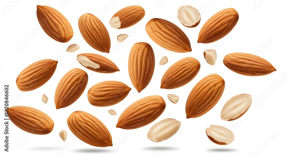 Falling down, almond nuts isolated on a white background Falling down, almond nuts isolated on a white background