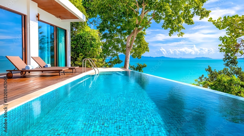 Fototapeta premium Luxury Infinity Pool Villa Ocean View - Luxury travel and vacation .