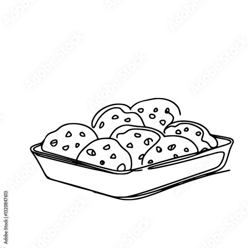 Black and white vector outline illustration of chocolate homemade cookies in a rectangular deep tray