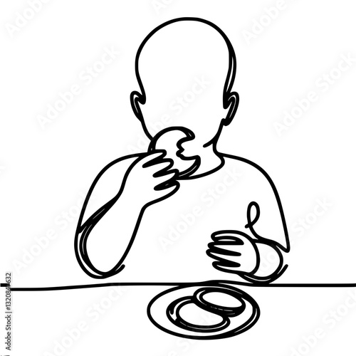 Black and white vector outline illustration of a child eating homemade cookies, with a plate on the table.