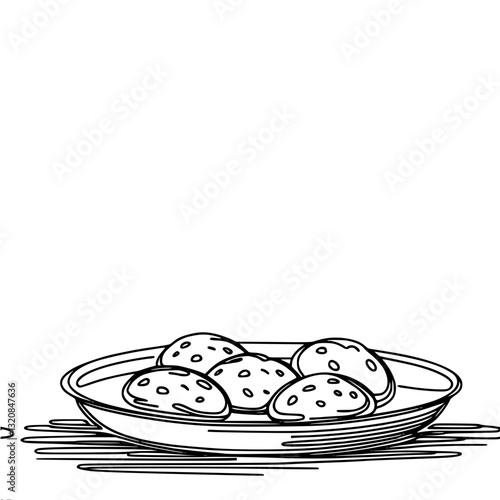 Black and white vector outline illustration of chocolate homemade cookies in a dish