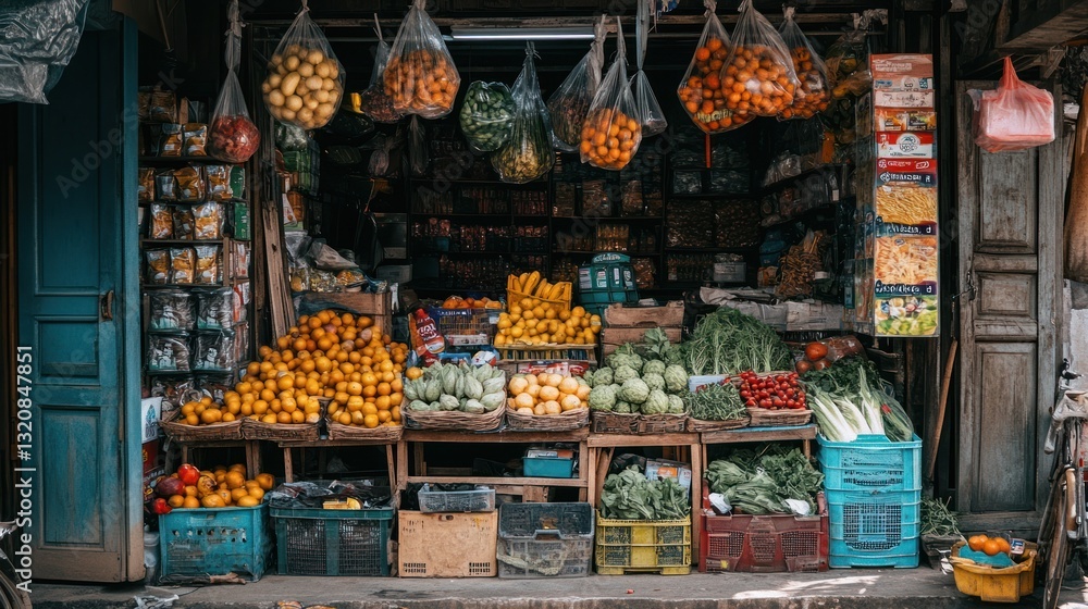 A local outdoor market displays fresh fruits and vegetables A local outdoor market displays fresh fruits and vegetables